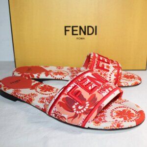 NWB FENDI Slide Slip Ons Bandana Ricam Embroidered Logo Sandals 40